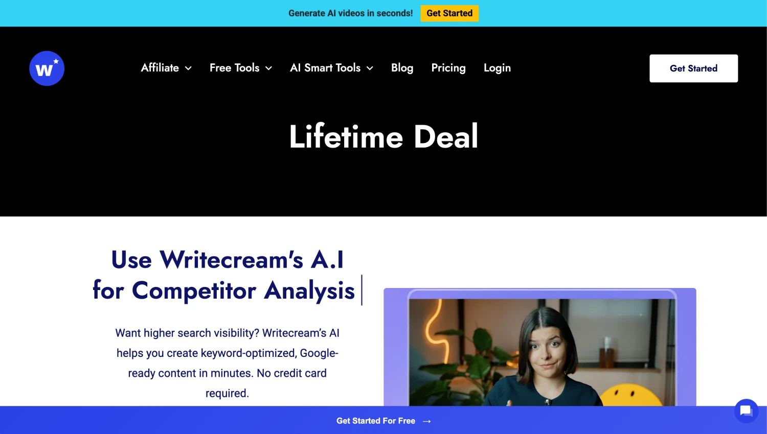 Lifetime Deal page of WriteCream