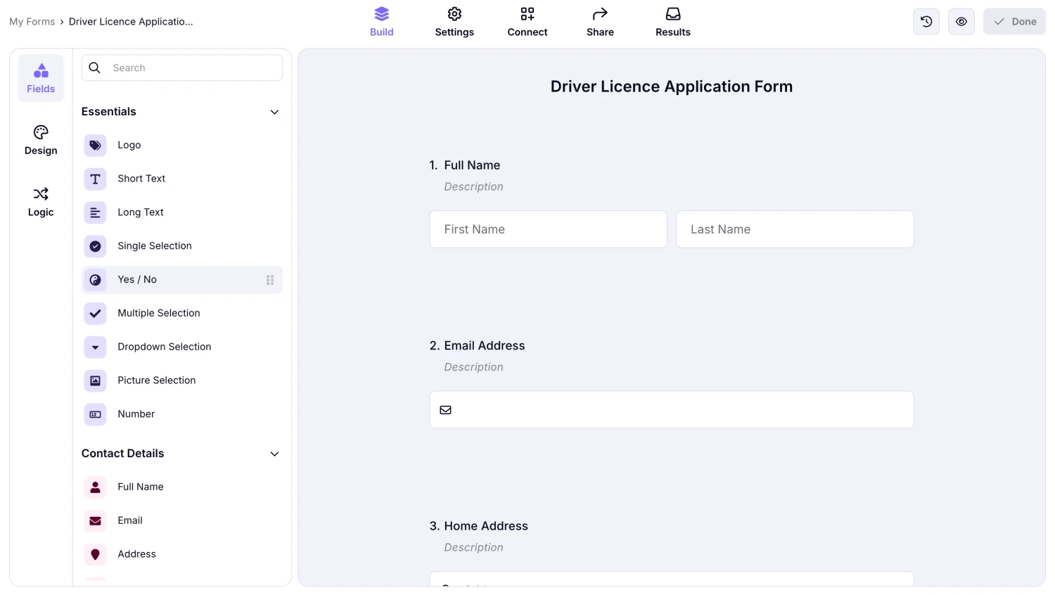 An image showing how you can add the “Yes/No” question to your form from the field menu on the left side