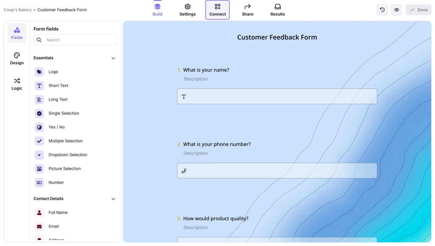 An image showing the opened form and the “Connect” button you need to press to access the integration