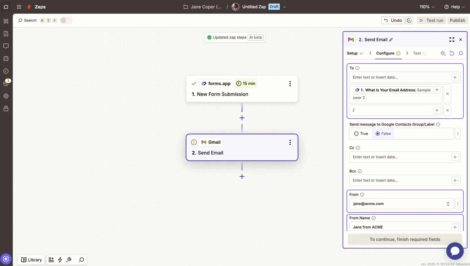 An image showing the “Configure” tab where you will need to match the form fields with the properties
