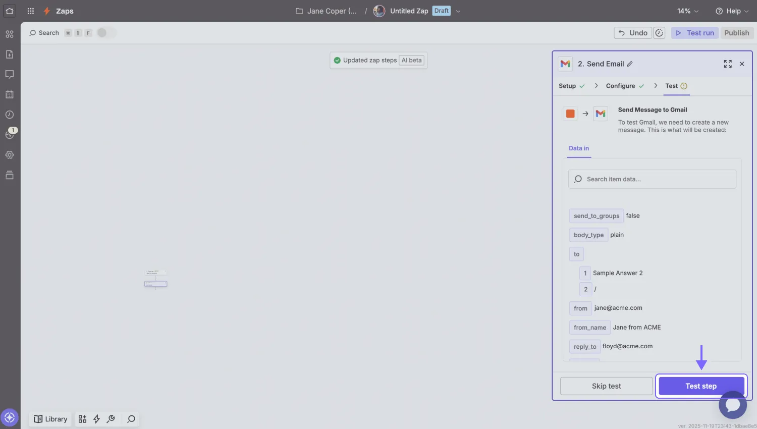 An image showing the “Test” area, where you will need to test your workflow