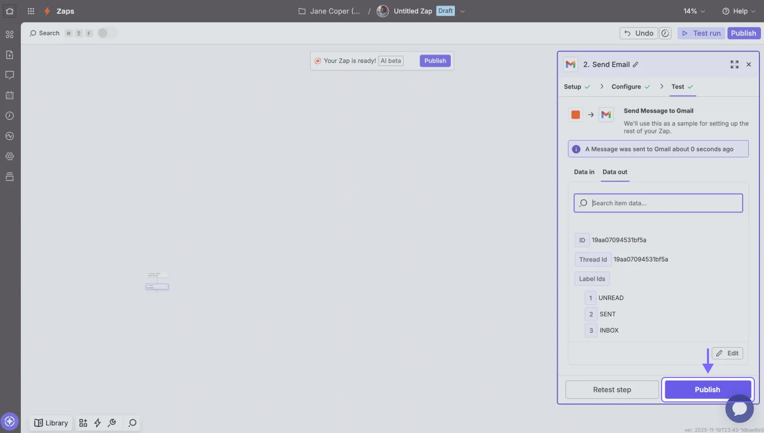 An image showing the “Publish” button that will publish your Zapier integration and automatically send your form responses to your applications