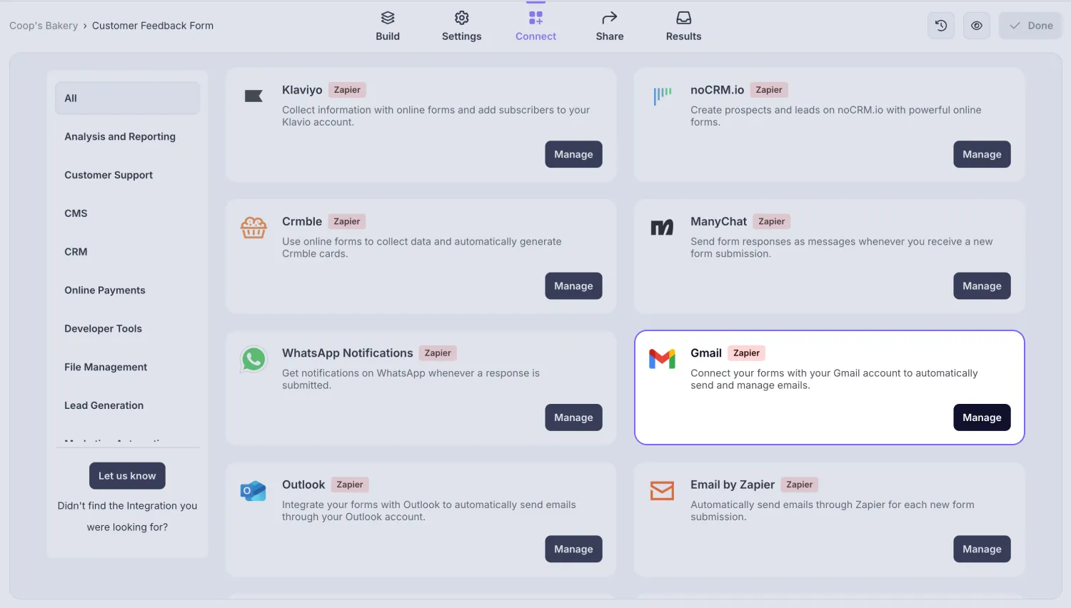 An image showing the “Connect” section, where you can find the tool for the integration by searching for it