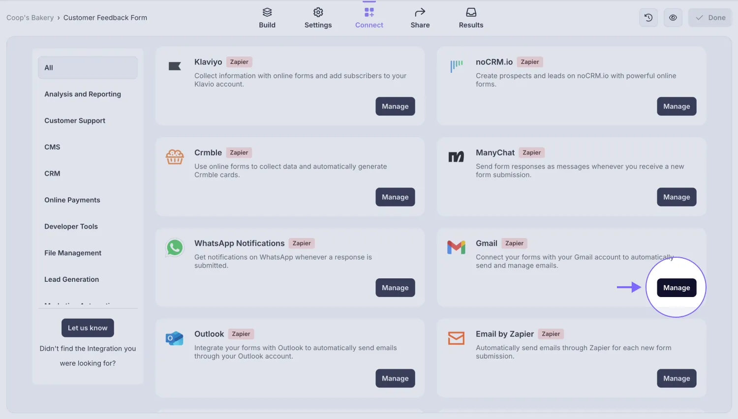 An image showing the “Manage” button you need to click to start setting up the integration