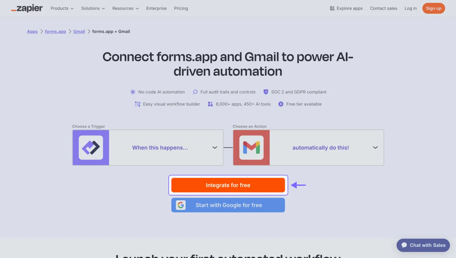 An image showing the “Integrate for free” button that will appear on the Zapier page once logged in or signed up to the Zapier platform