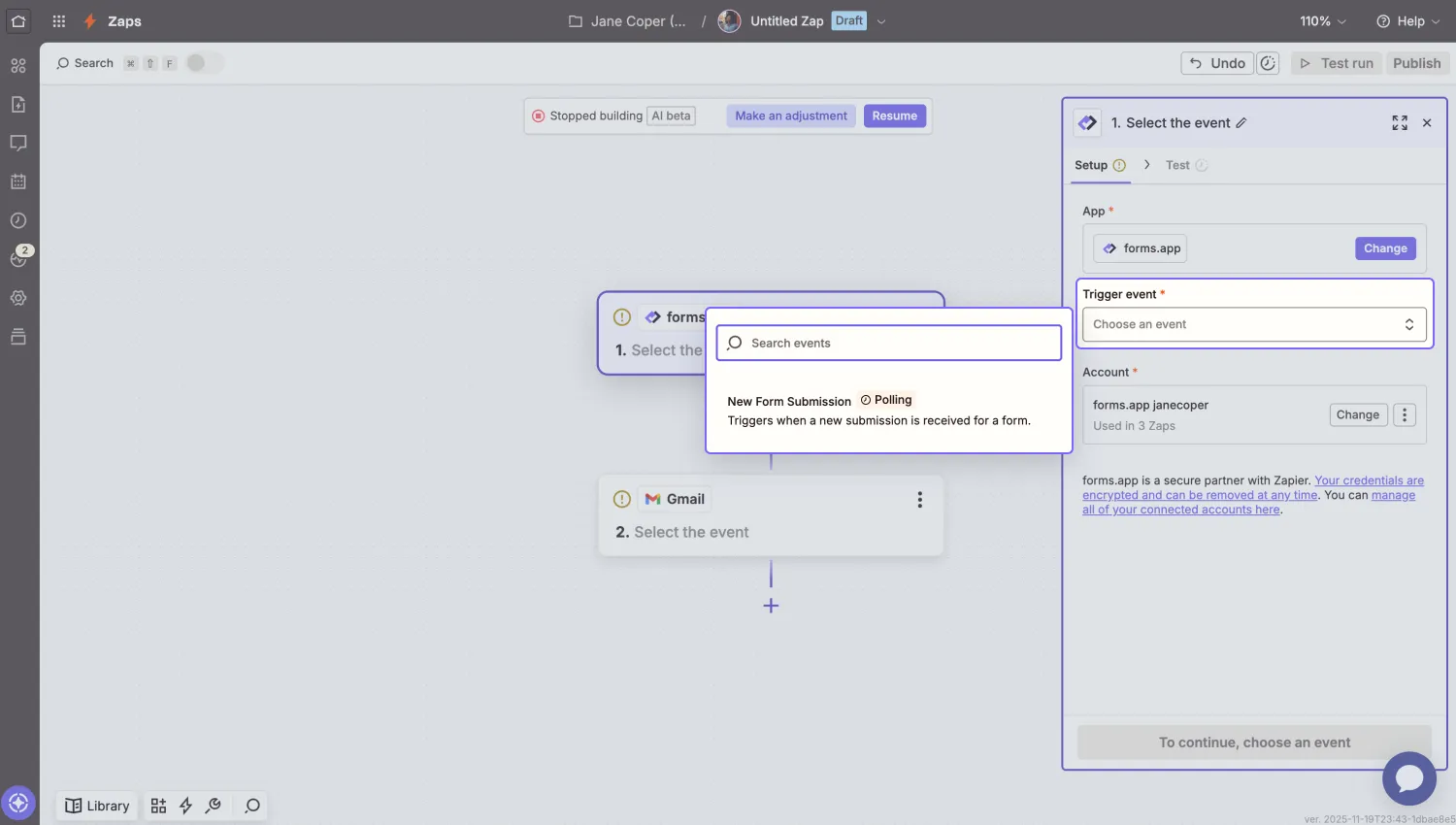 An image showing how you can set the “New Form Submission” as a trigger by firstly clicking the forms.app element in the editor screen