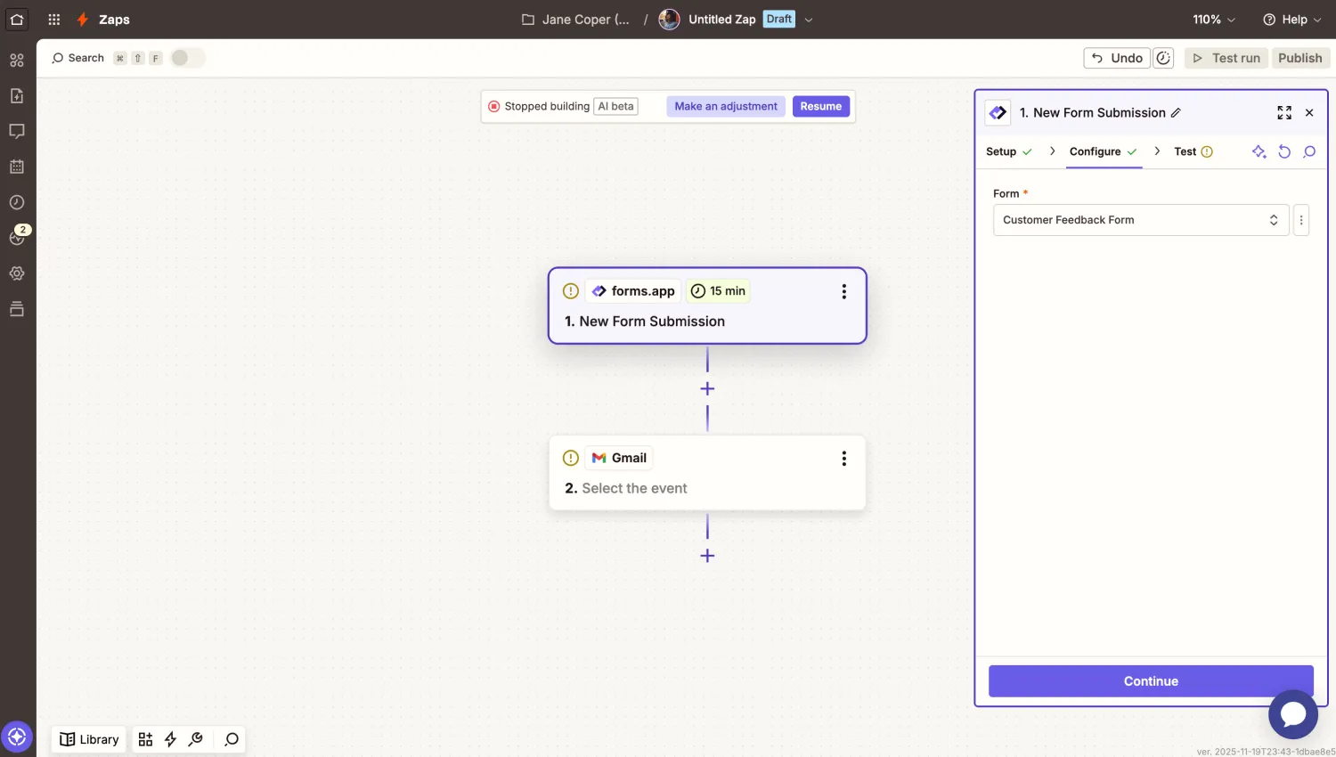 An image showing the “Configure” area, where you can select the forms.app form for your workflow